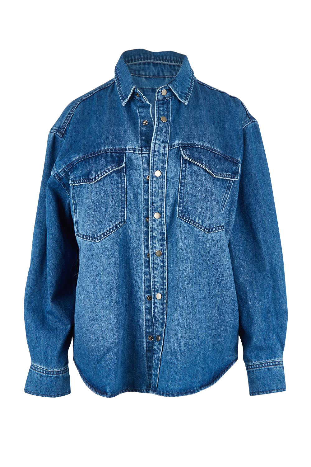 Product shot of the Daisy Denim Overshirt in colour Midblue (Blue), from the front