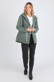 A model wearing the Elements Kingston Cotton Anorak in colour Khaki (Green), from the front, showing the whole outfit