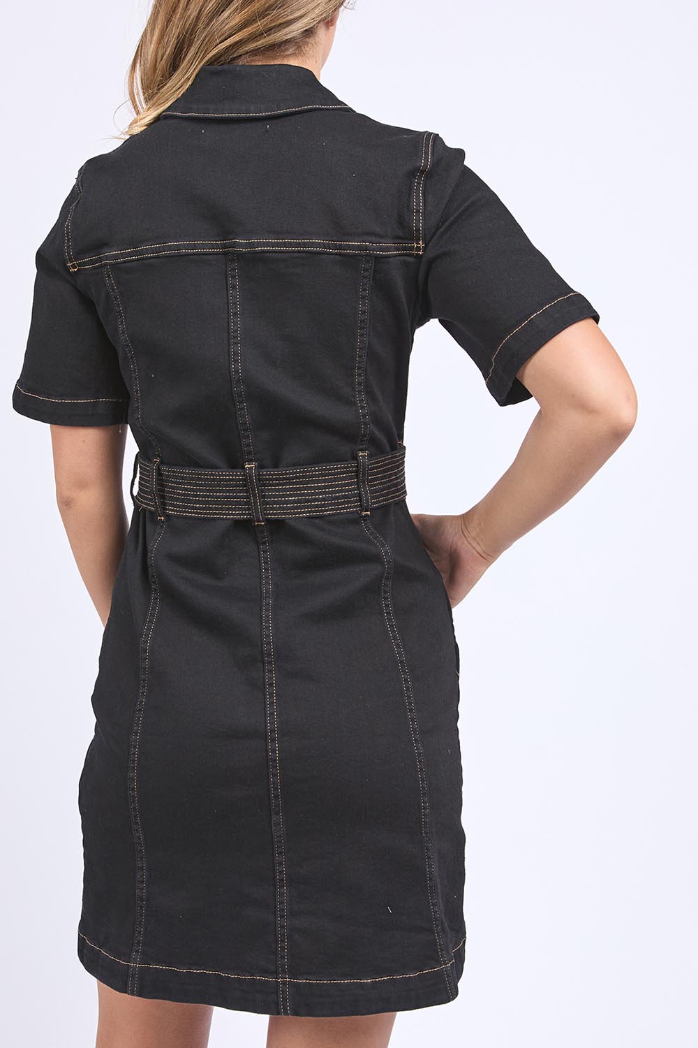 A model wearing the Riva Denim Dress in colour Black (Black), from the back