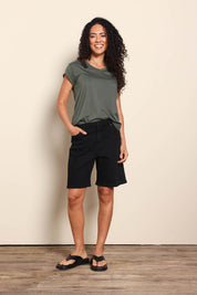 Model Pamelar wearing size 10 of the Elements Harley Denim Short - Black in colour Black, from the front