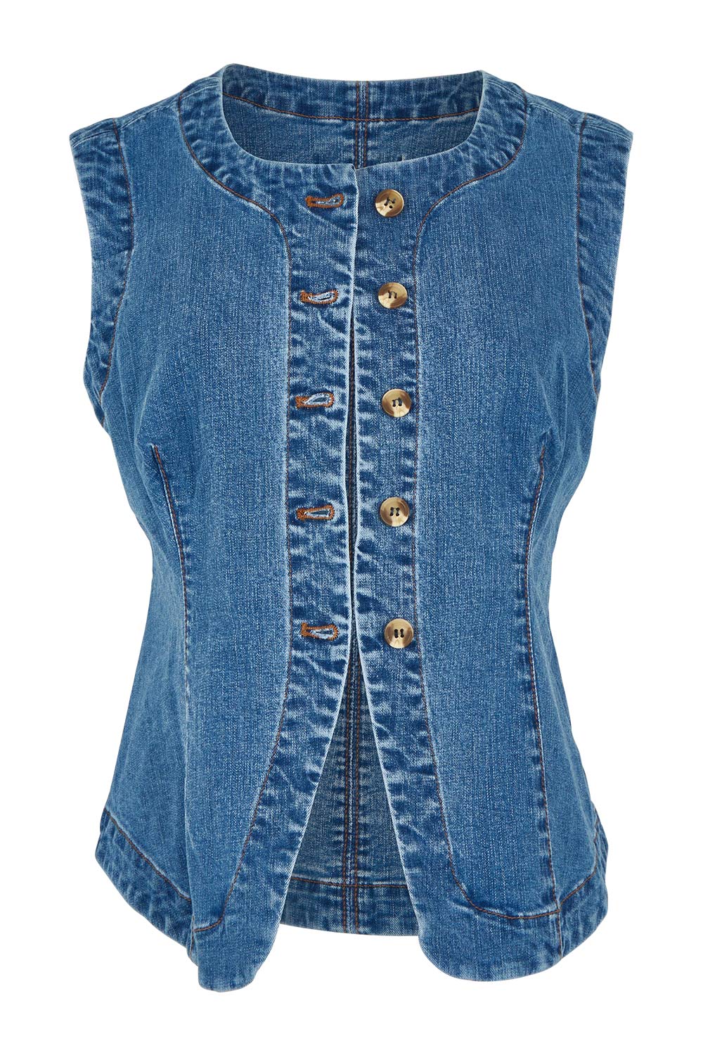 Product shot of the Abbott Denim Vest in colour Midblue (Blue), from the front