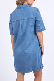 A model wearing the Monte Shirt Dress in colour Midblue (Blue), from the back