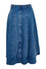 Product shot of the Abbott Denim Skirt in colour Midblue (Blue), from the back