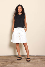 Model Pamelar wearing size 10 of the Elements Amanda Denim Skirt - White in colour White, from the front