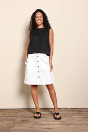 Model Pamelar wearing size 10 of the Elements Amanda Denim Skirt - White in colour White, from the front