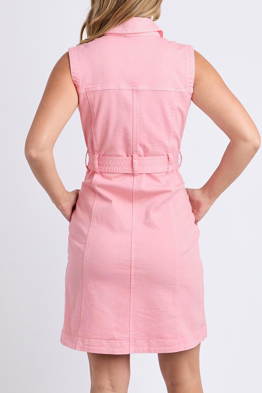 A model wearing the Sleeveless Talbert Denim Dress in colour Palepink (Pink), from the back