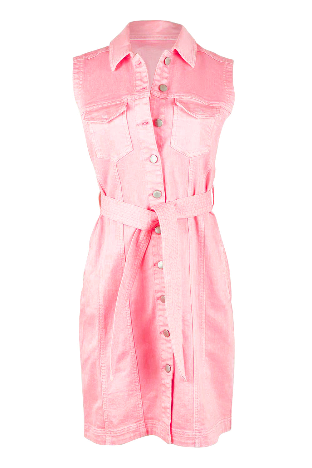 Product shot of the Sleeveless Talbert Denim Dress in colour Palepink (Pink), from the front