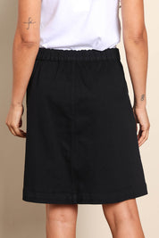 Model Pamelar wearing size 10 of the Elements Amanda Denim Skirt - Black in colour Black, from the back
