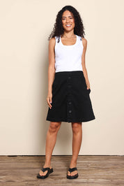 Model Pamelar wearing size 10 of the Elements Amanda Denim Skirt - Black in colour Black, from the front