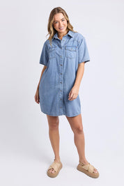 A model wearing the Sorcha Denim Dress in colour Lightblue (Blue), from the front, showing the whole outfit