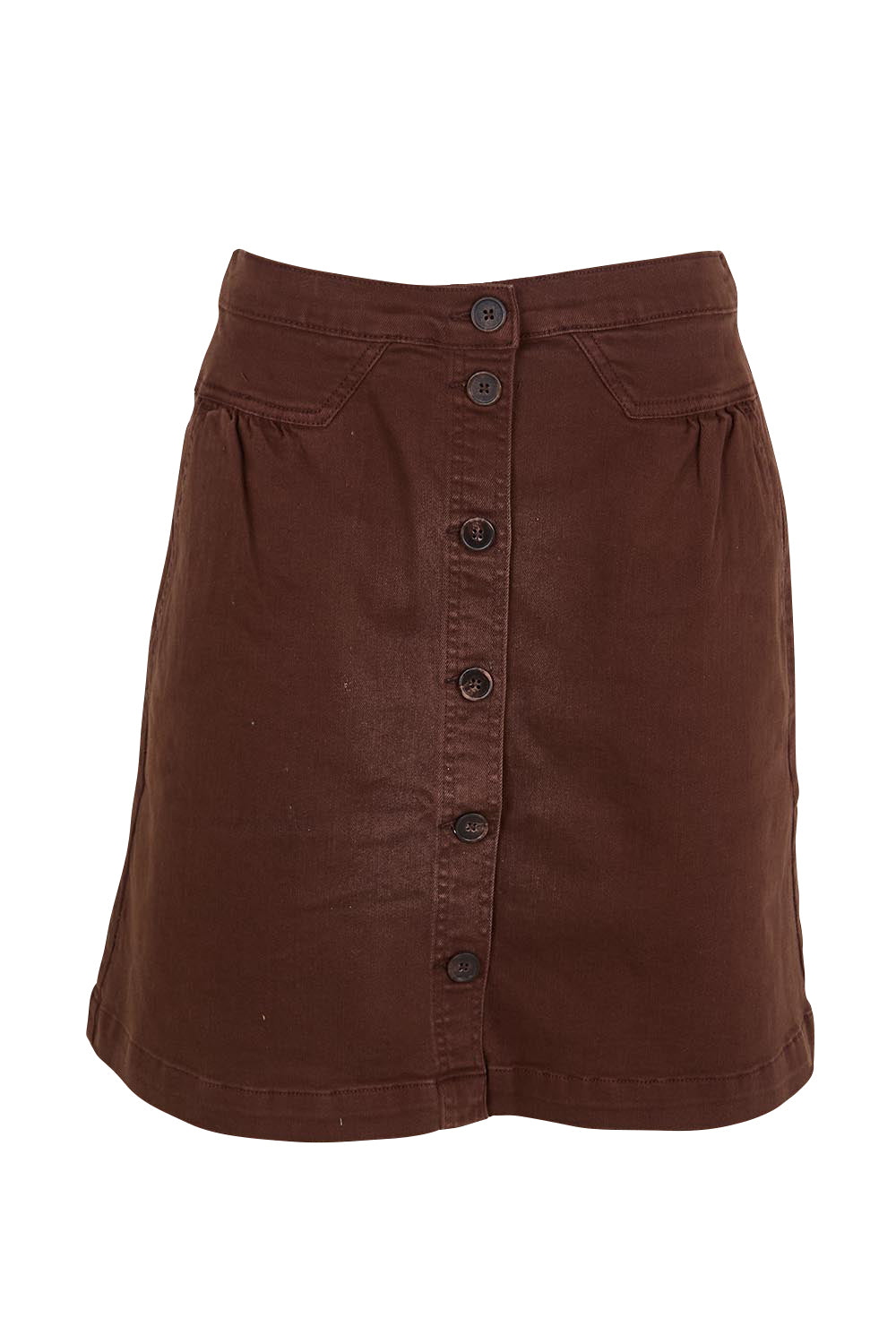 Product shot of the Elements Amanda Denim Skirt – Chocolate in colour Chocolate, from the front