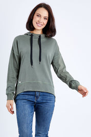 Model Andrea wearing size 10 of the Elements Jasmine Hoodie in colour Khaki (Green), from the front, cropped image
