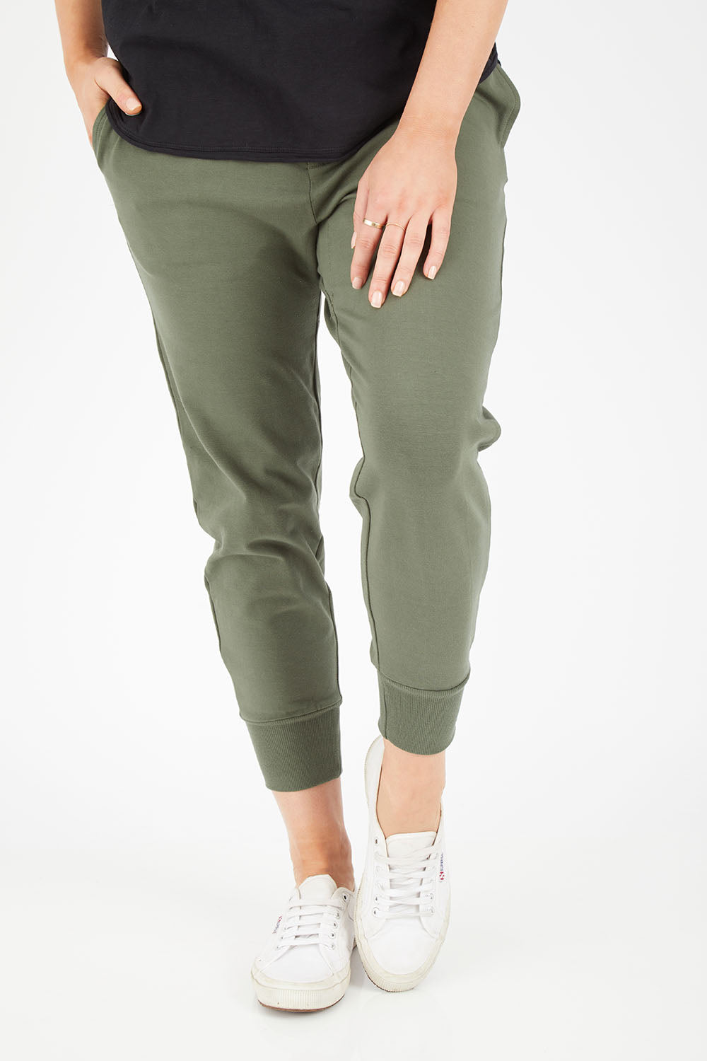 Model Hayley wearing size 10 of the Chelsea Pant in colour Khaki (Green), from the front, cropped image