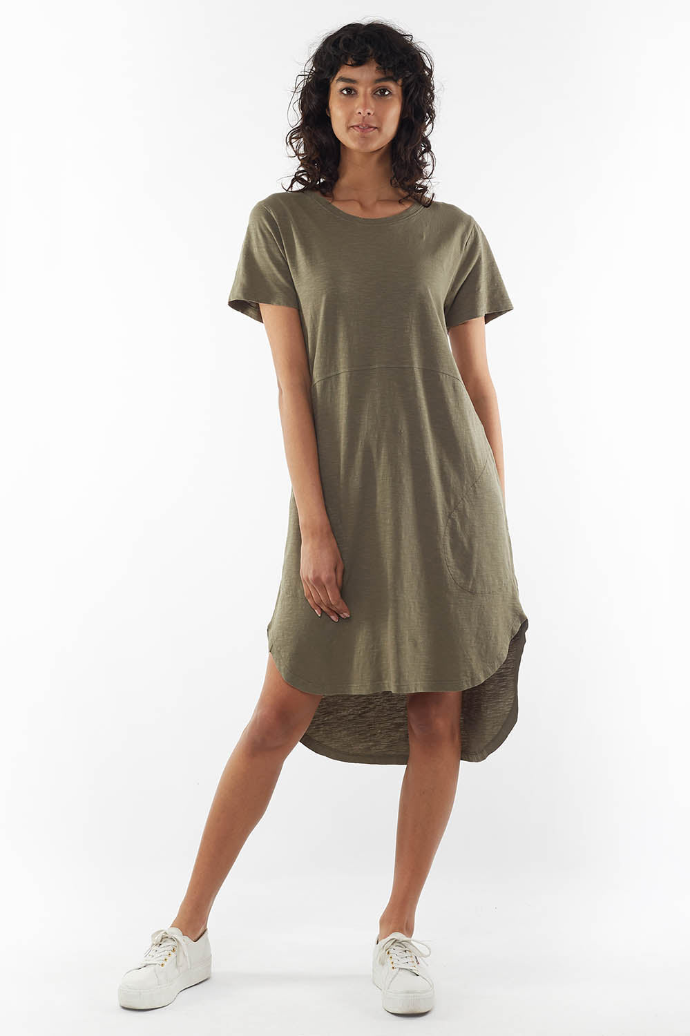 A model wearing the Elements Bayley Dress in colour Khaki (Green), from the front, showing the whole outfit