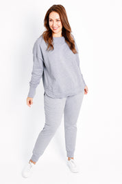 Model Jessica wearing size 14 of the Elements Lazy Days Pant in colour Grey (Grey), from the front, showing the whole outfit