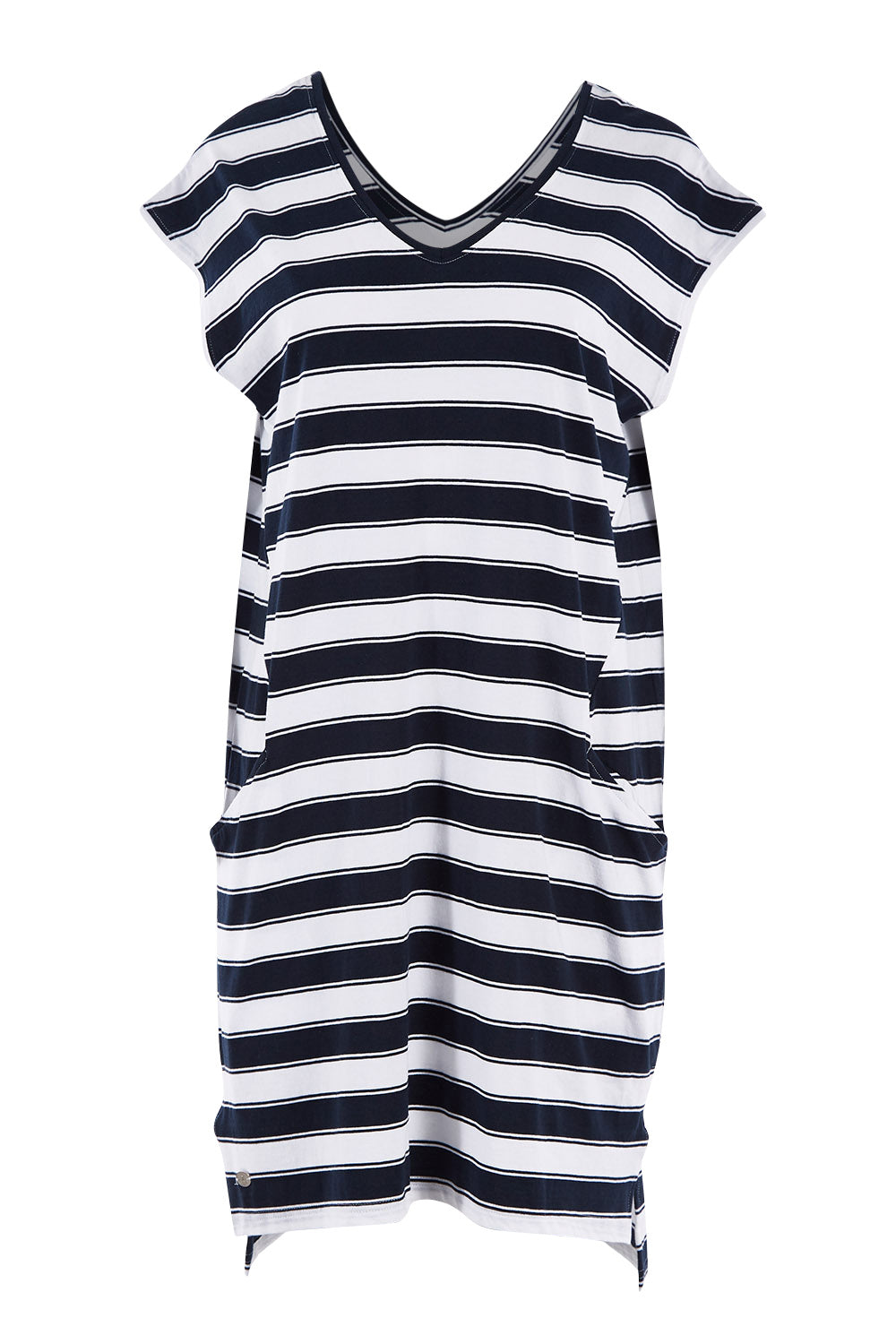 Product shot of the Elements Rainbow Beach Dress in colour Navywhite (White), from the front