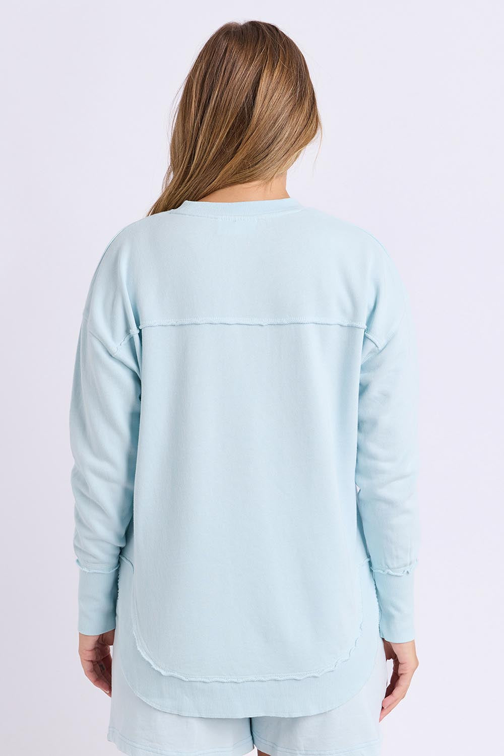 Model Genericm wearing size sample of the Elements Simplified Cotton Crew – Coolblue in colour Coolblue, from the back