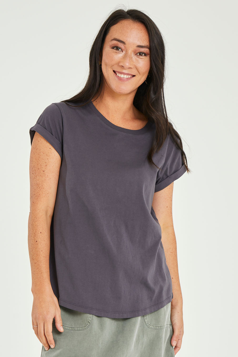 Model Katie wearing size 10 of the Elements Manly Cotton Tee in colour Coal (Black), from the front, cropped image