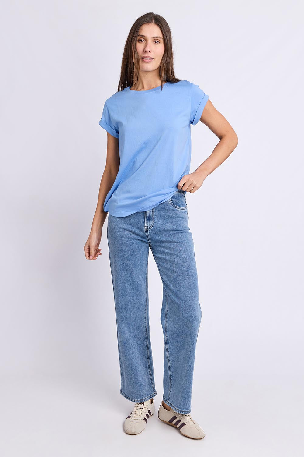 Model Genericm wearing size sample of the Elements Manly Cotton Tee - Cornflower in colour Cornflower, from the front