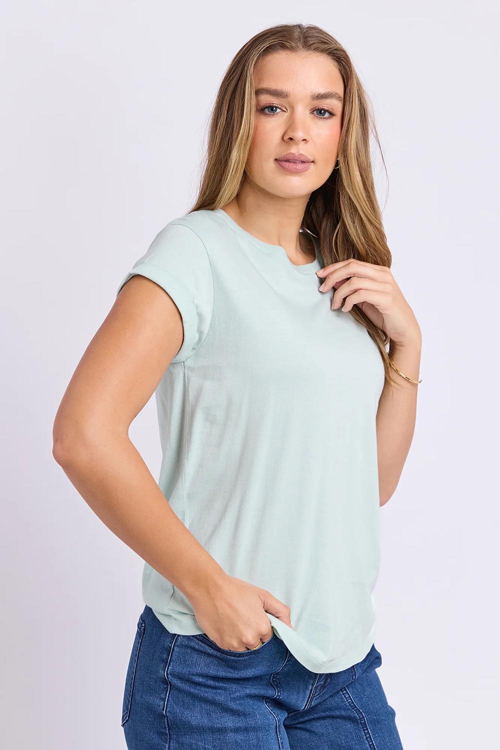 Model Genericm wearing size sample of the Elements Manly Cotton Tee - Submint in colour Submint, from an angle