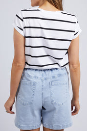 A model wearing the Elements Manly Stripe Cotton Tee in colour Blackstrip (White), from the back