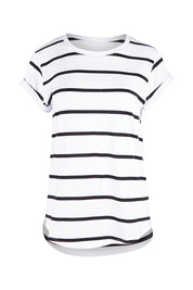 Product shot of the Elements Manly Stripe Cotton Tee in colour Blackstrip (White), from the front