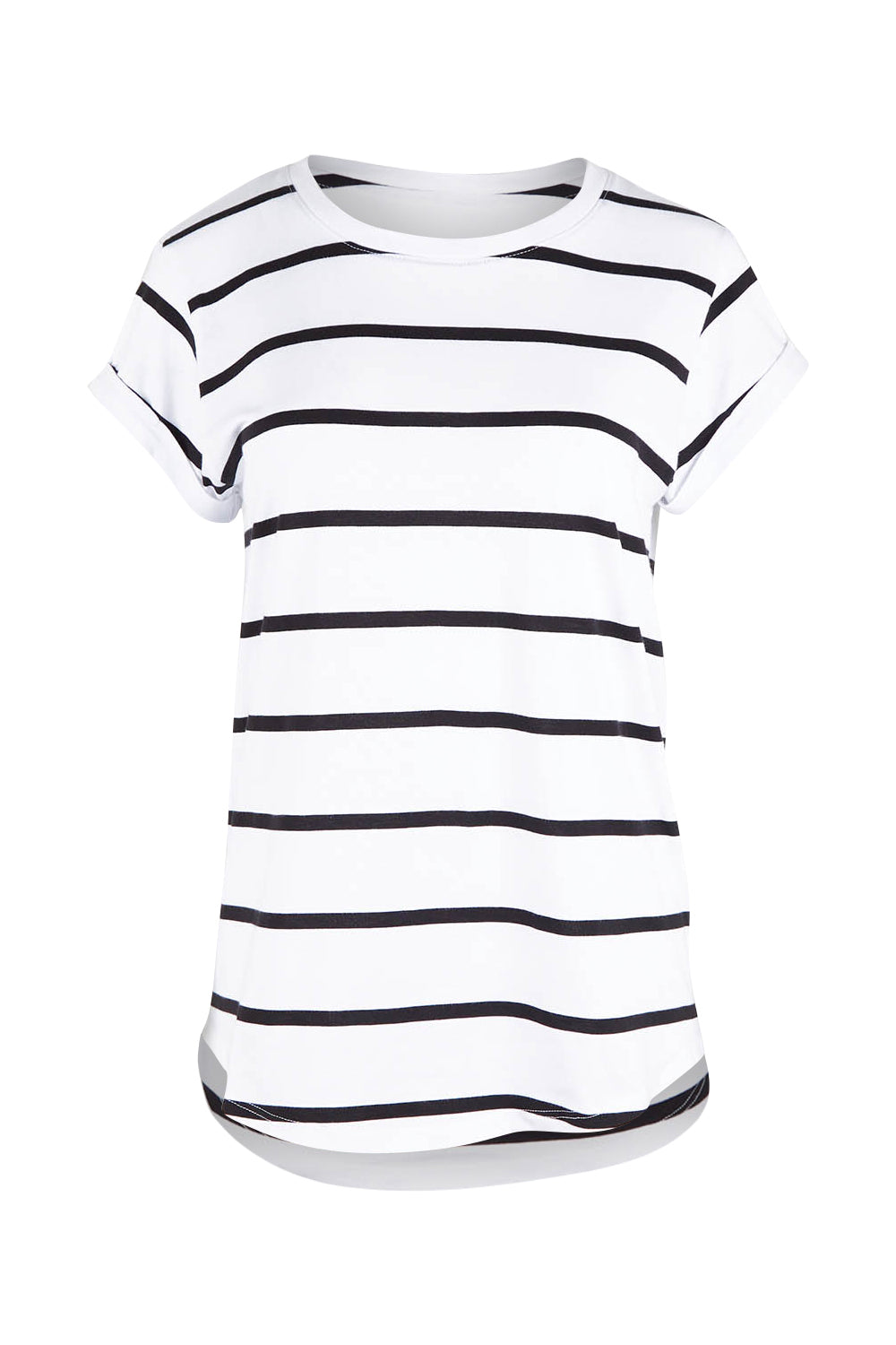 Product shot of the Elements Manly Stripe Cotton Tee in colour Blackstrip (White), from the front