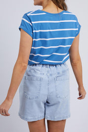 A model wearing the Elements Manly Stripe Cotton Tee in colour Bluewhite (Blue), from the back