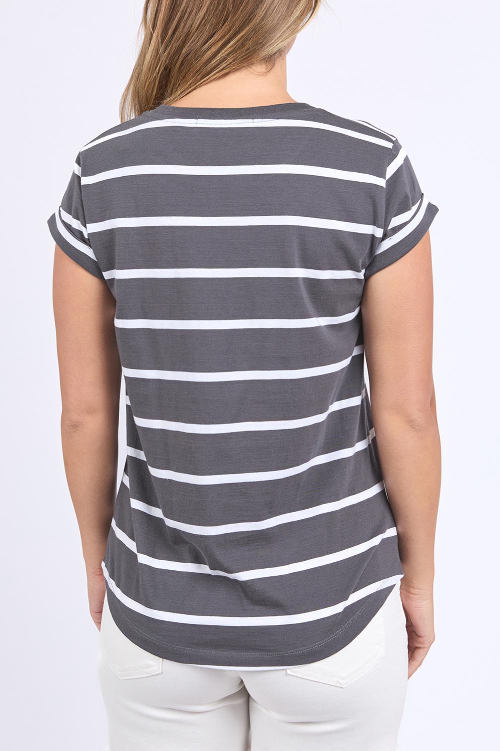 A model wearing the Elements Manly Stripe Cotton Tee in colour Charwhite (Grey), from the back