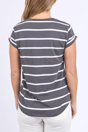 A model wearing the Elements Manly Stripe Cotton Tee in colour Charwhite (Grey), from the back