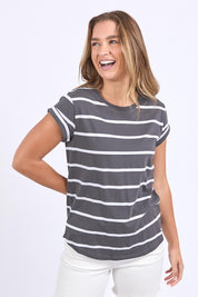 A model wearing the Elements Manly Stripe Cotton Tee in colour Charwhite (Grey), from the front, cropped image
