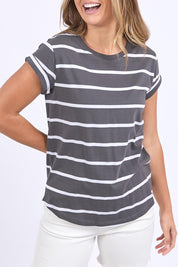 A model wearing the Elements Manly Stripe Cotton Tee in colour Charwhite (Grey), from the front, cropped image