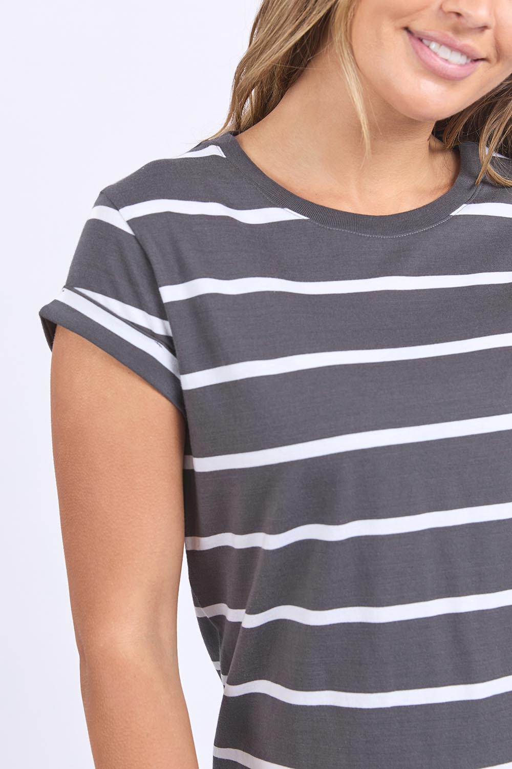 A model wearing the Elements Manly Stripe Cotton Tee in colour Charwhite (Grey), from the front, cropped image