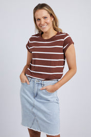 A model wearing the Elements Manly Stripe Cotton Tee in colour Chocstripe, from the front, cropped image