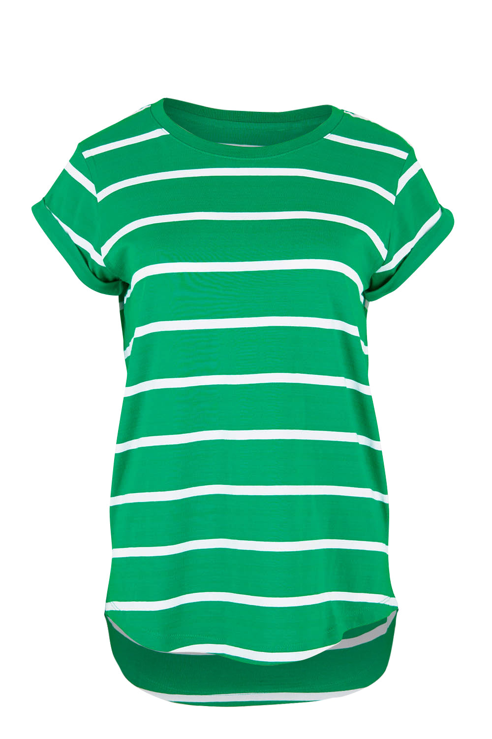 Product shot of the Elements Manly Stripe Cotton Tee in colour Greenwhite (Green), from the front