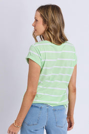 A model wearing the Elements Manly Stripe Cotton Tee in colour Mintwhite (Green), from the back