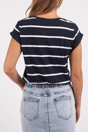 A model wearing the Elements Manly Stripe Cotton Tee in colour Navywhite (Blue), from the back