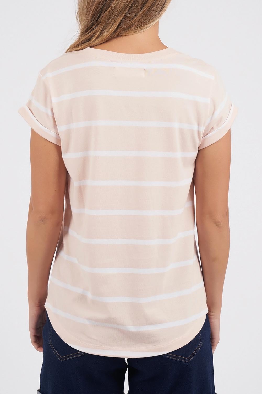 A model wearing the Elements Manly Stripe Cotton Tee in colour Pinkwhite (Pink), from the back