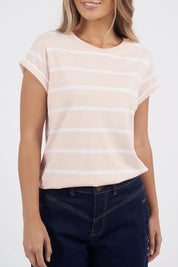 A model wearing the Elements Manly Stripe Cotton Tee in colour Pinkwhite (Pink), from the front, cropped image