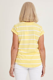 Model Sandy wearing size 10 of the Elements Manly Stripe Cotton Tee in colour Sunshwhite, from the back