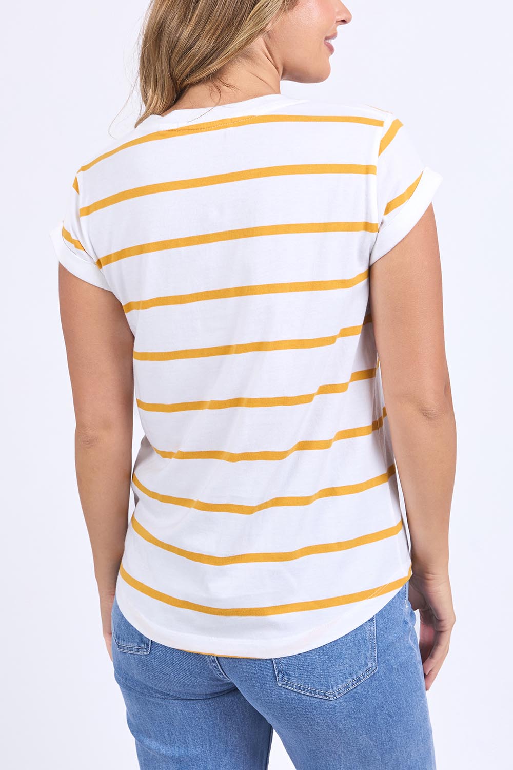 A model wearing the Elements Manly Stripe Cotton Tee in colour Whiteyello, from the back