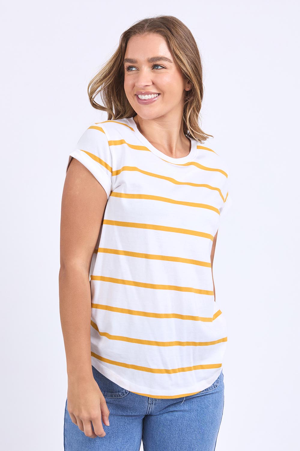 A model wearing the Elements Manly Stripe Cotton Tee in colour Whiteyello, from the front, cropped image
