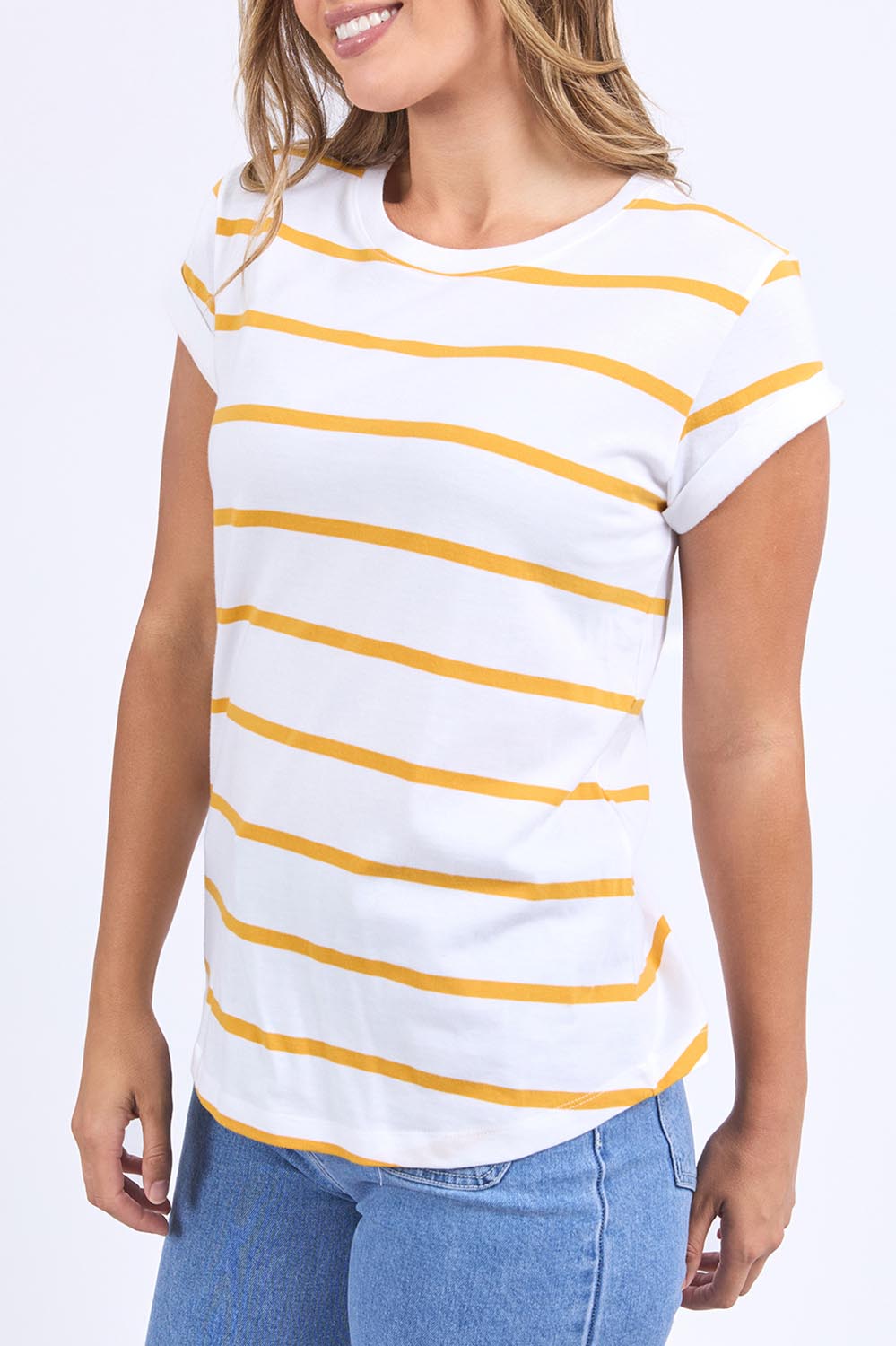 A model wearing the Elements Manly Stripe Cotton Tee in colour Whiteyello, from the front, cropped image