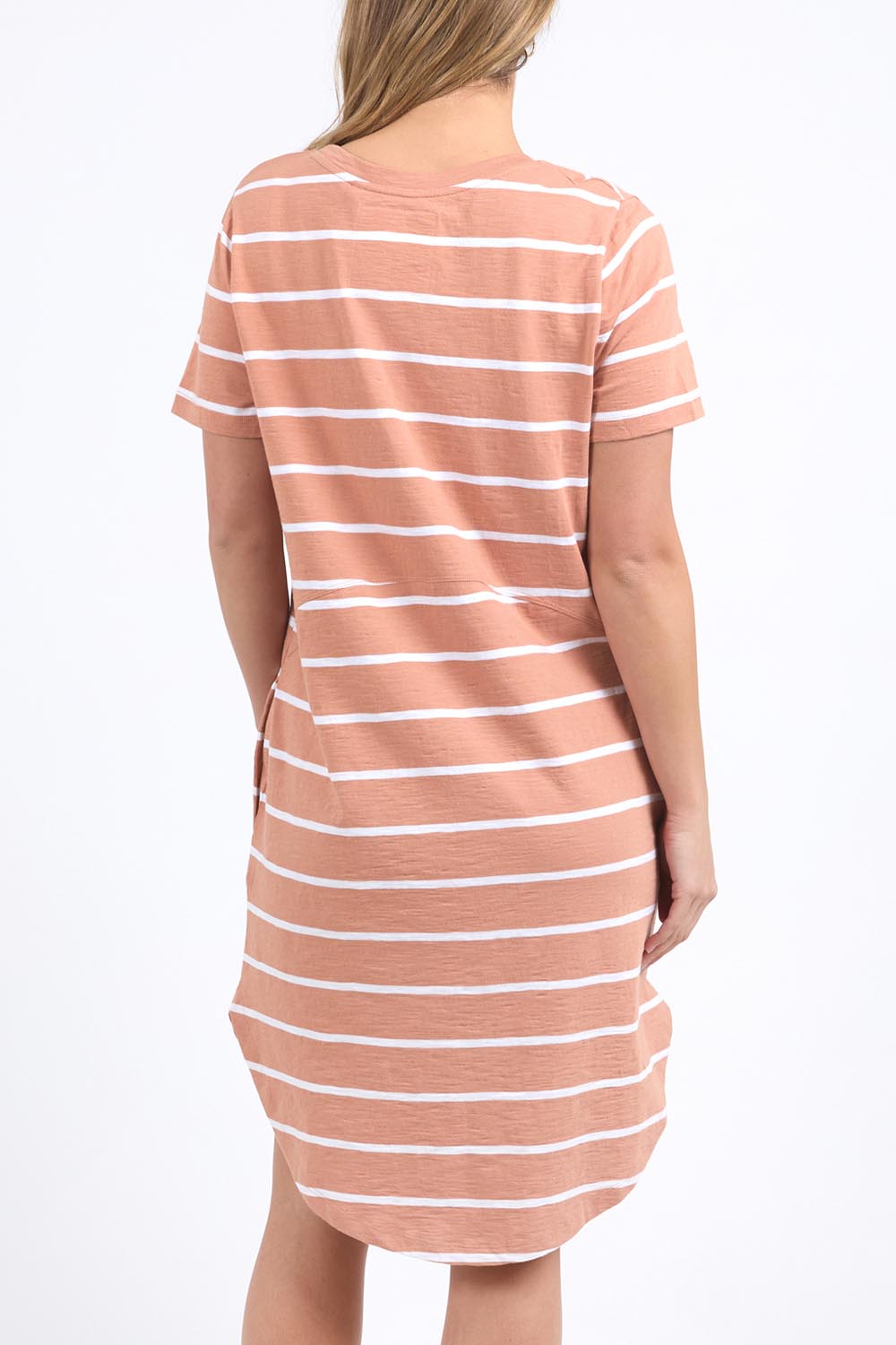 A model wearing the Elements Bay Stripe Dress in colour Claywhite, from the back