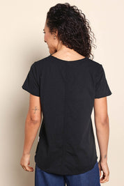 Model Pamelar wearing size 10 of the Elements Manly Cotton Vee Tee - Black in colour Black, from the back