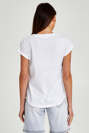 Model Madeline wearing size 10 of the Elements Manly Cotton Vee Tee in colour White (White), from the back