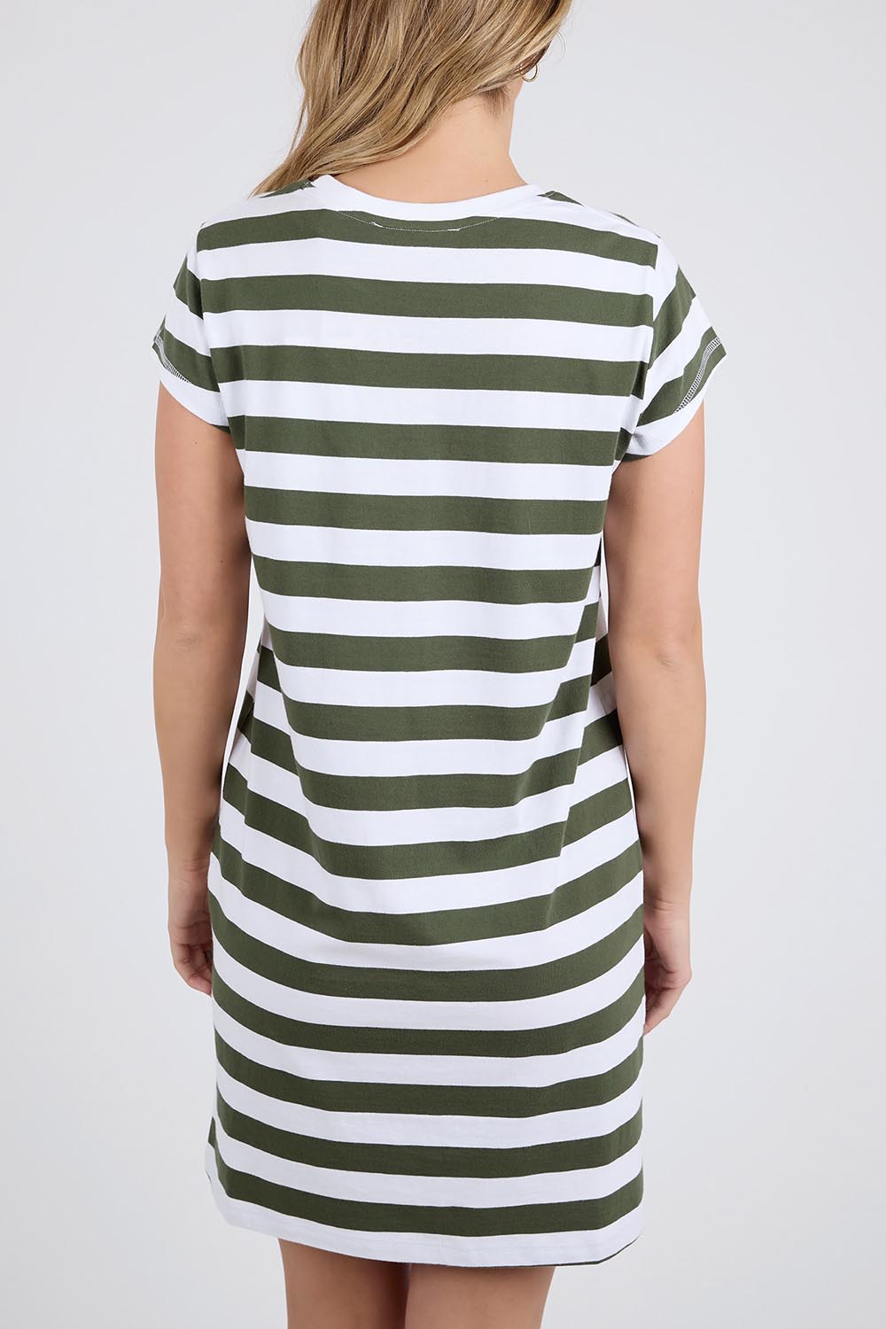 A model wearing the Elements Signature Tee Dress in colour Khakiwhite (Green), from the back