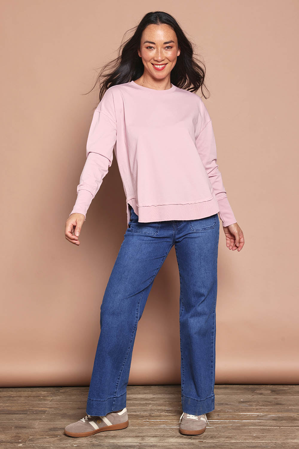 Model Katie wearing size 8 of the Elements Farrah Cotton Long Sleeve in colour Blossompin (White), from the front, showing the whole outfit