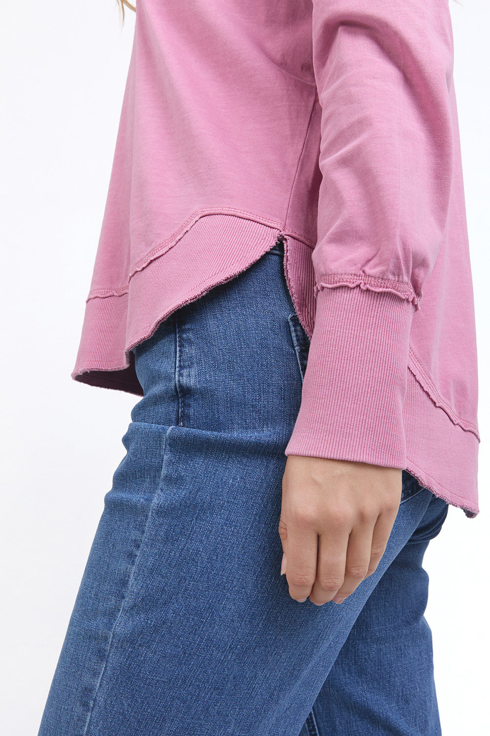 A model wearing the Elements Farrah Cotton Long Sleeve in colour Rosepink (Pink), from the front, cropped image