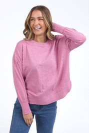 A model wearing the Elements Farrah Cotton Long Sleeve in colour Rosepink (Pink), from the front, cropped image